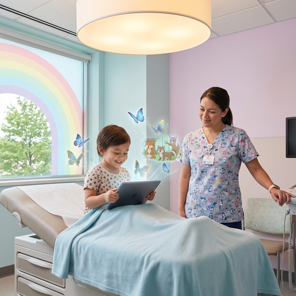 A child in a calming healthcare environment regaining a sense of control through engaging AR technology.