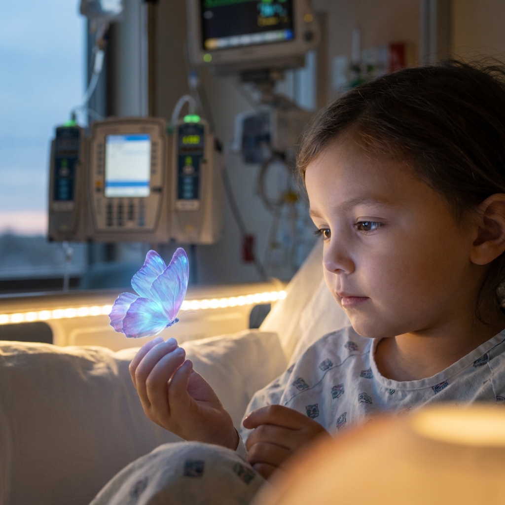 A child holding a glowing AR butterfly in a hospital room, focused on the engaging light.