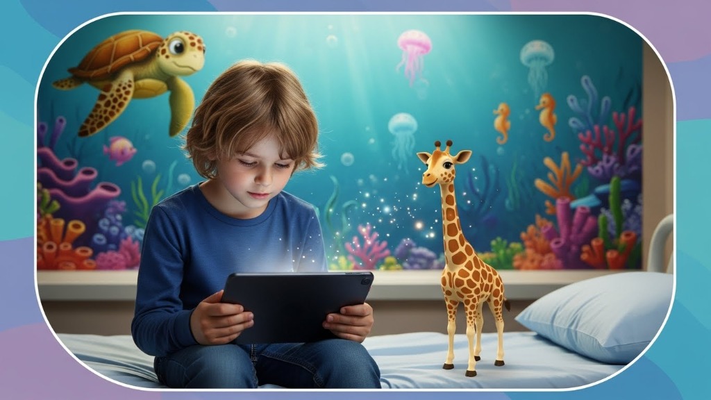 A young child sitting on a hospital bed, calmly interacting with a tablet that displays magical AR elements including a friendly giraffe and underwater scene.
