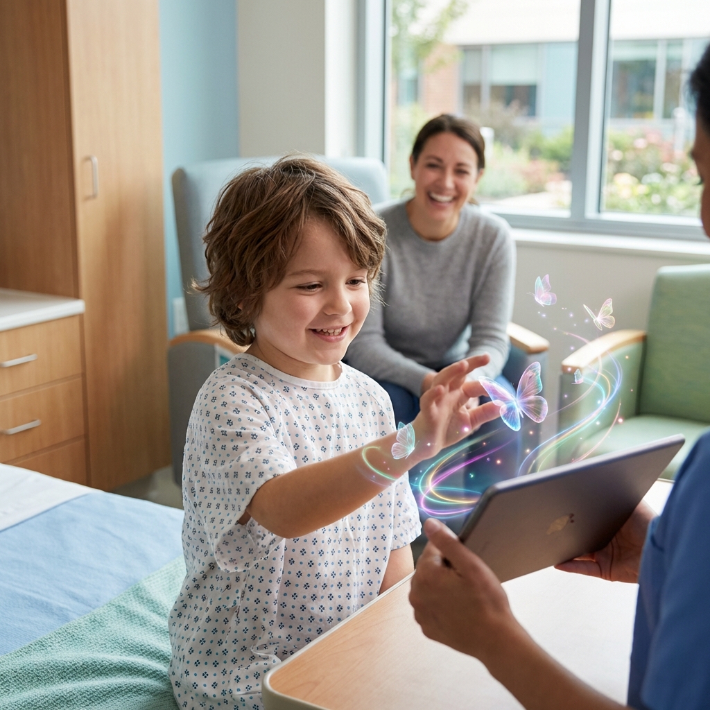 A child engaging with AR technology in a pediatric healthcare environment.