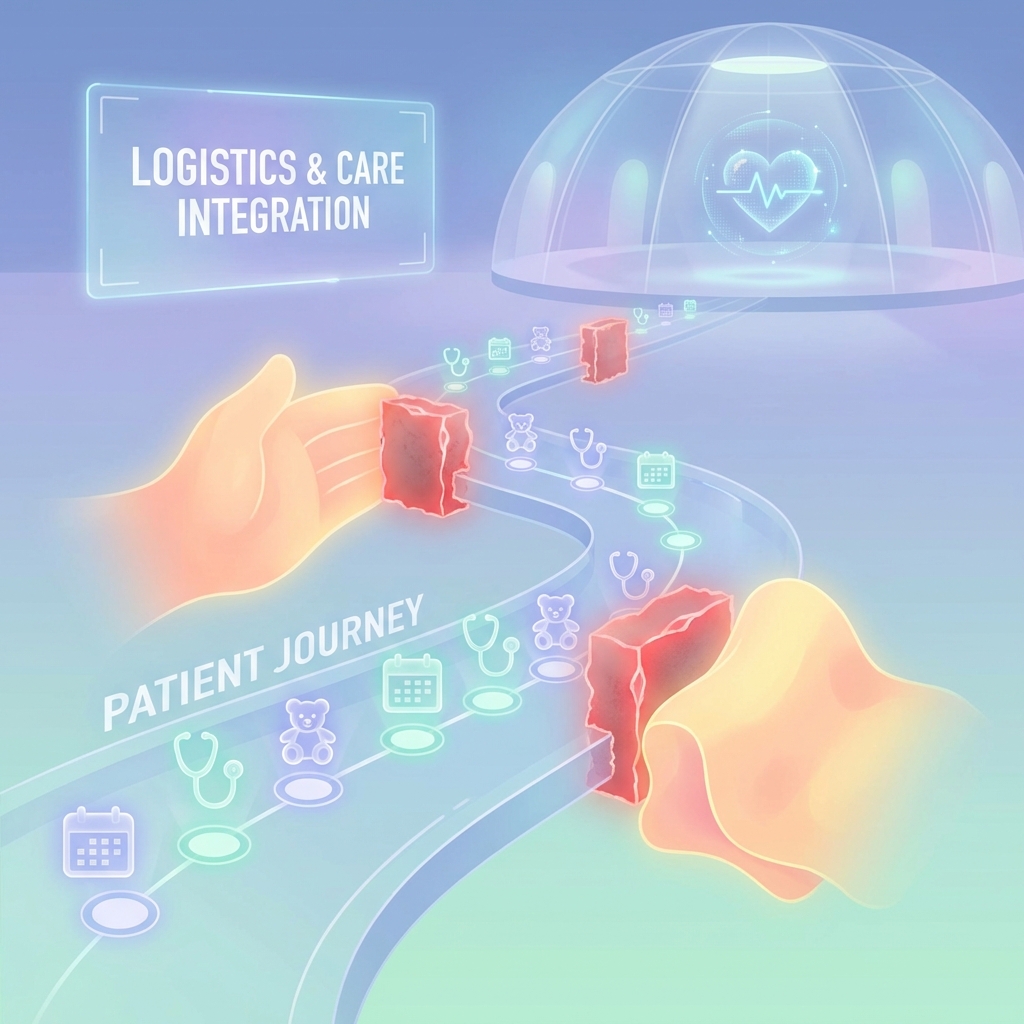 Abstract illustration of healthcare flow interrupted by emotional friction.
