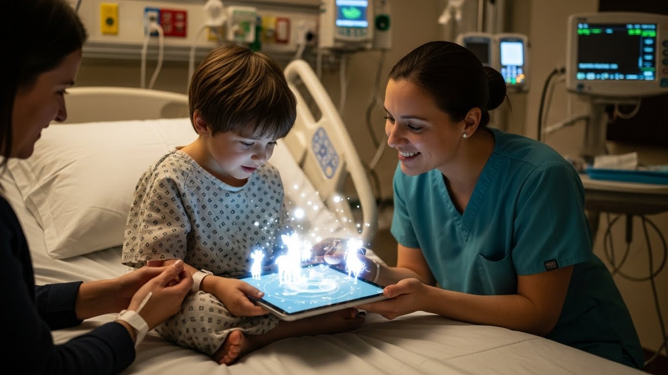 A hospital room in Europe showcasing a successful StoryWall installation.