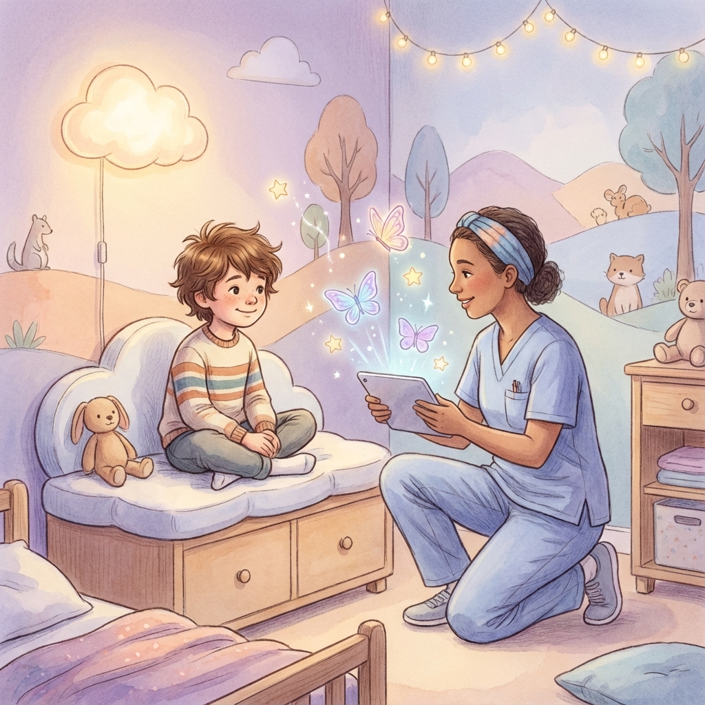 A child in a calming healthcare environment with gentle AR elements creating safety and wonder.