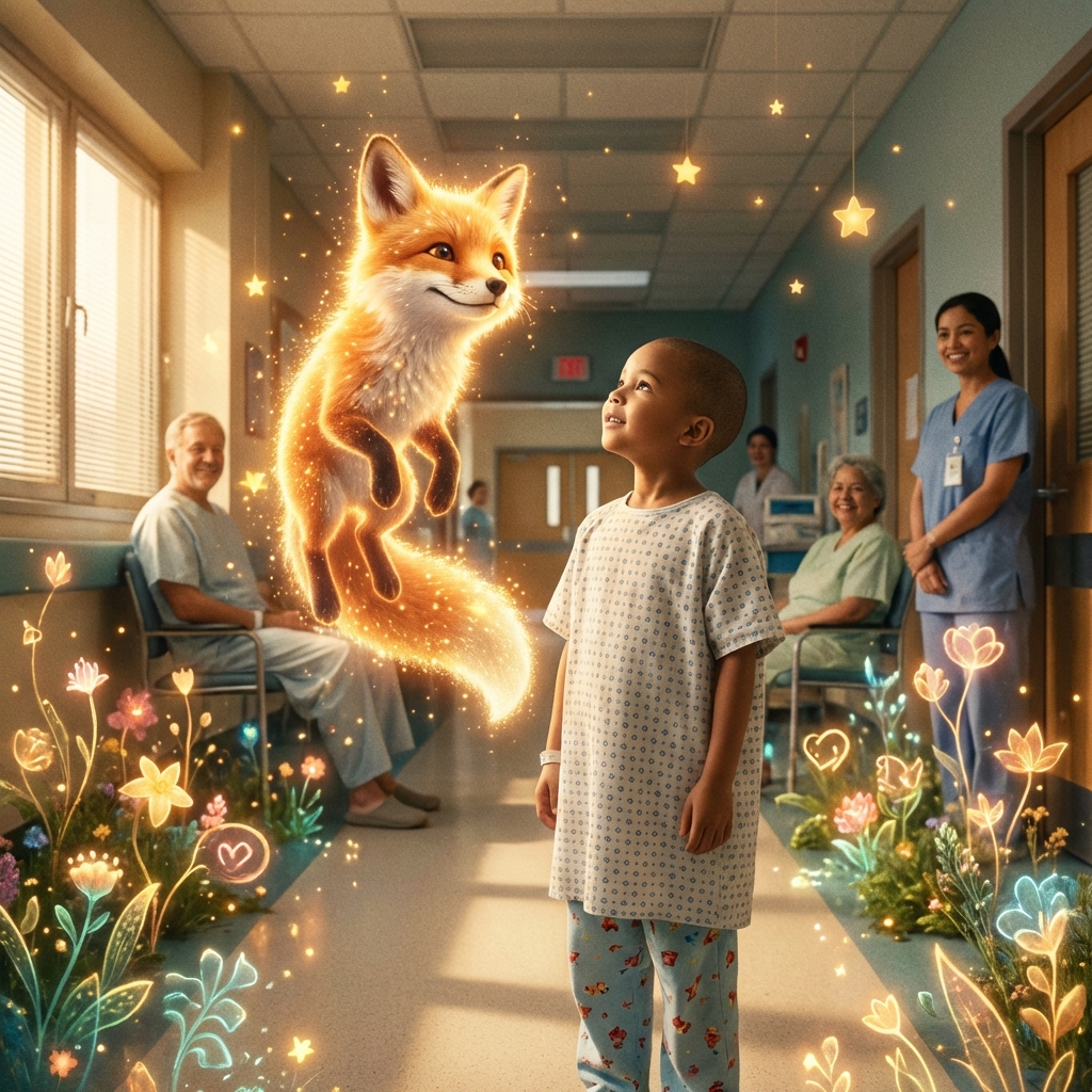 A child in a hospital corridor looking at a glowing, friendly augmented reality character.