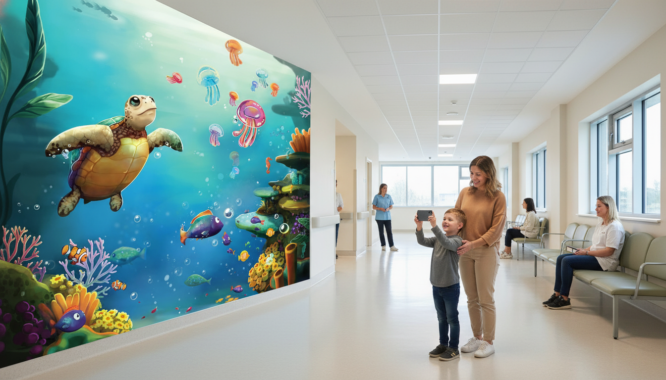 A playful augmented reality scene on a wall.