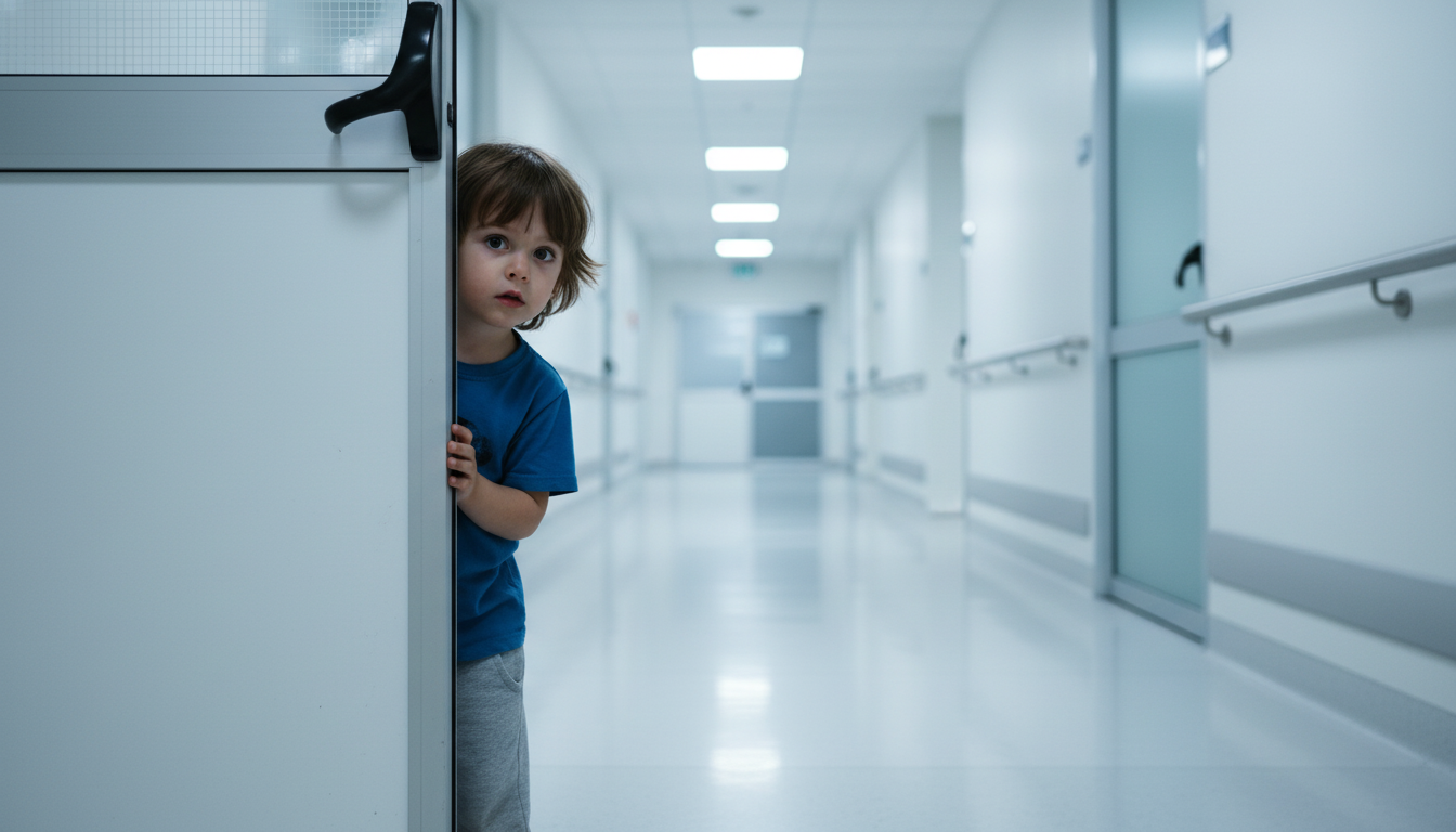 A child peering around a corner in a hospital, representing the emotional journey.