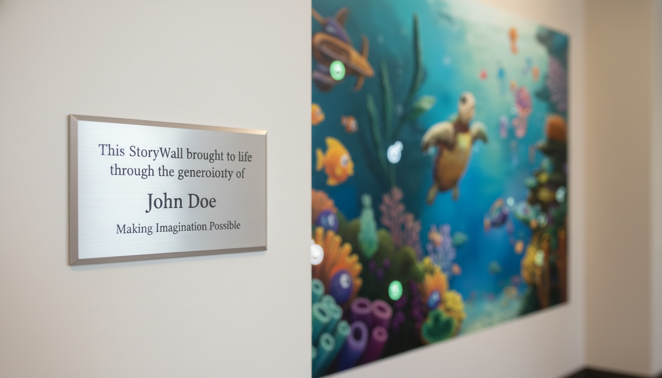 A subtle plaque next to a StoryWall installation recognizing a donor.