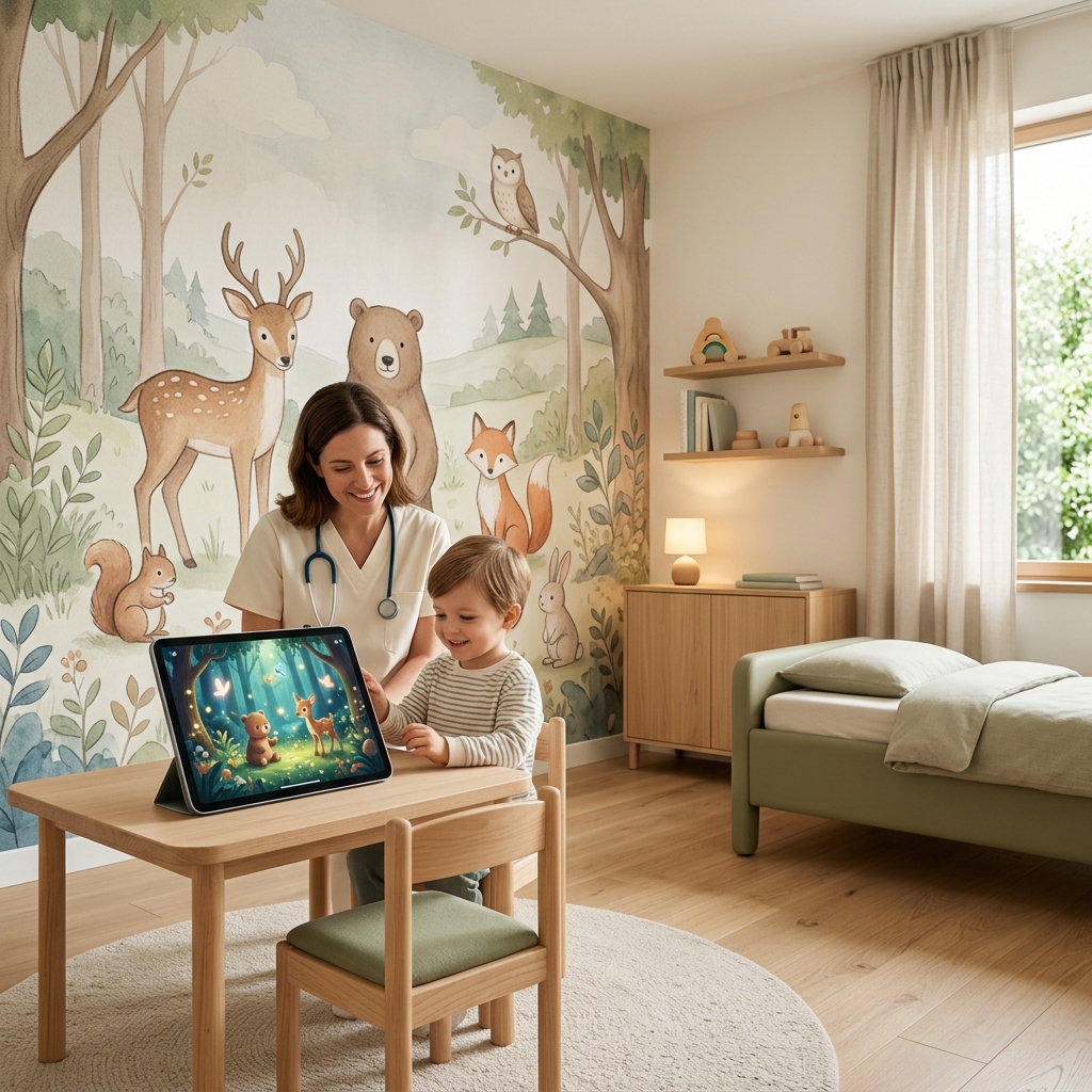 A premium, modern pediatric clinic room designed for calming patient experience.