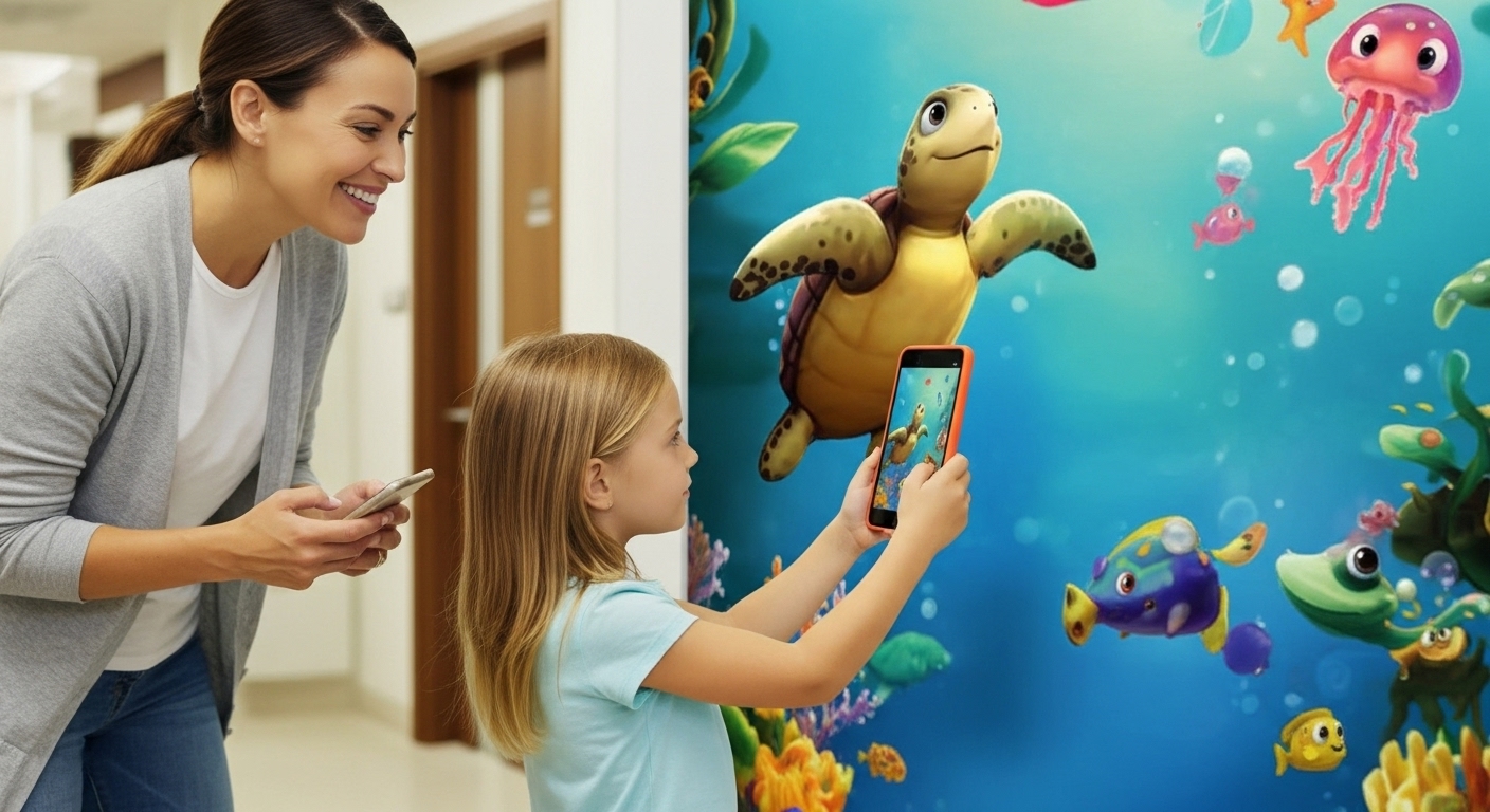A family using their own smartphone to interact with a wall installation.