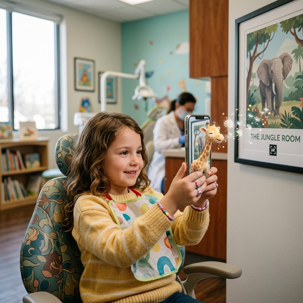 A child in a clinical environment using a smartphone to interact with Breathe With Me.