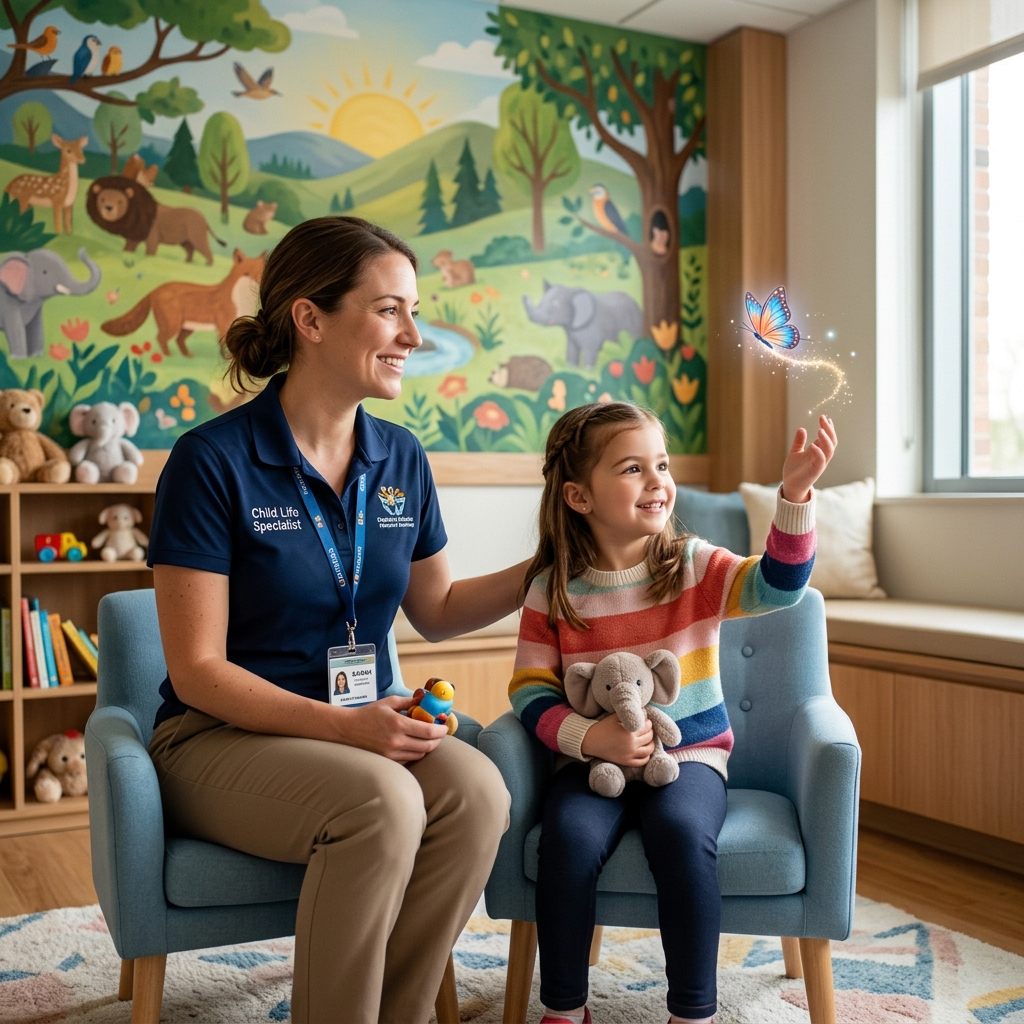 A child life specialist working with a child in a friendly clinic room equipped with AR murals.