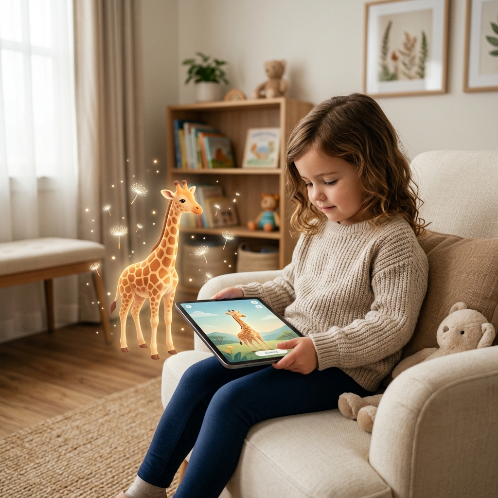 A child in a healthcare setting using Augmented Reality technology with a gentle breathing giraffe.