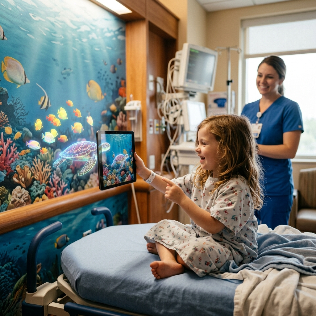 A child pointing a tablet at an underwater wall mural and seeing AR elements.