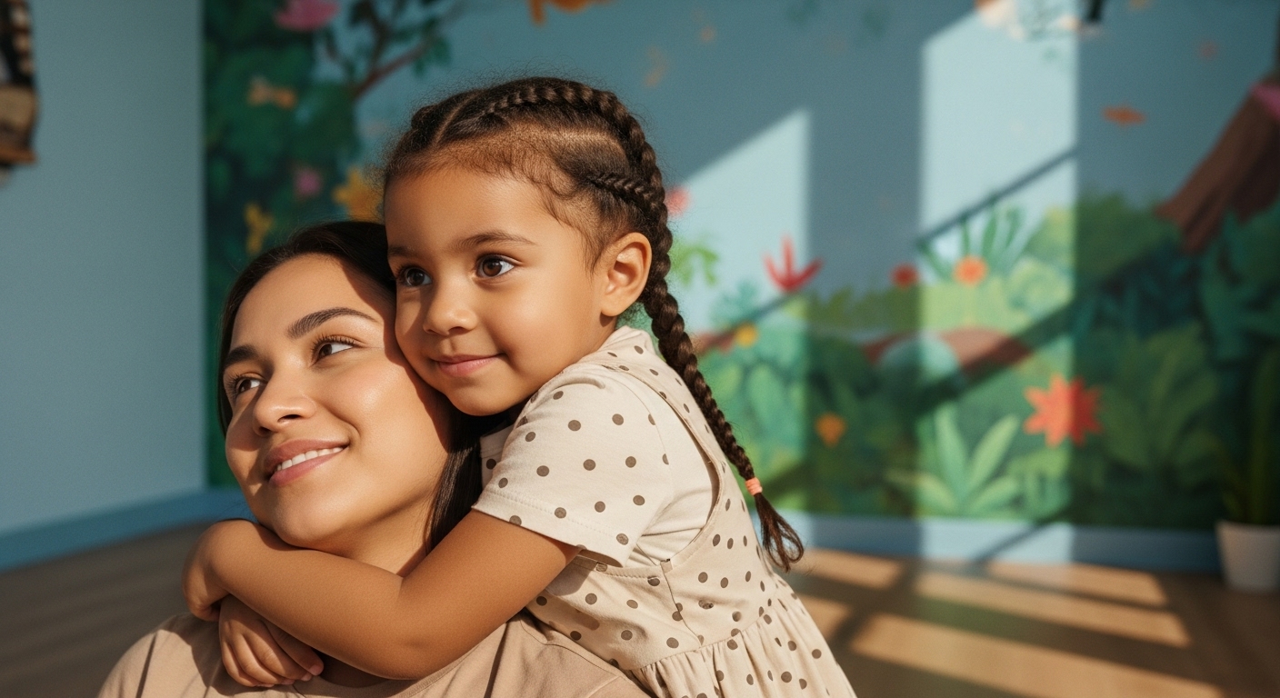 A mother and child share a warm hug in a comforting, colorful room.