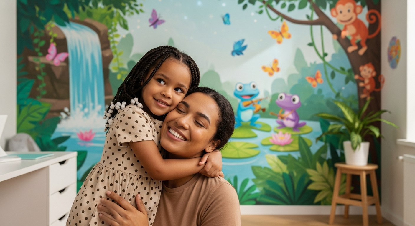 A mother and daughter embracing happily in front of a colorful Cosmos Continuum wall mural.