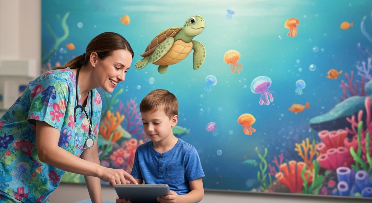 A nurse and a child smiling at each other in a calm hospital setting.