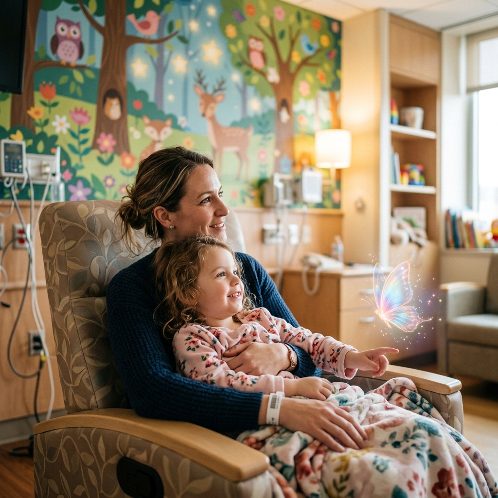 A mother and daughter sitting closely in a hospital room, smiling together near a colorful mural.
