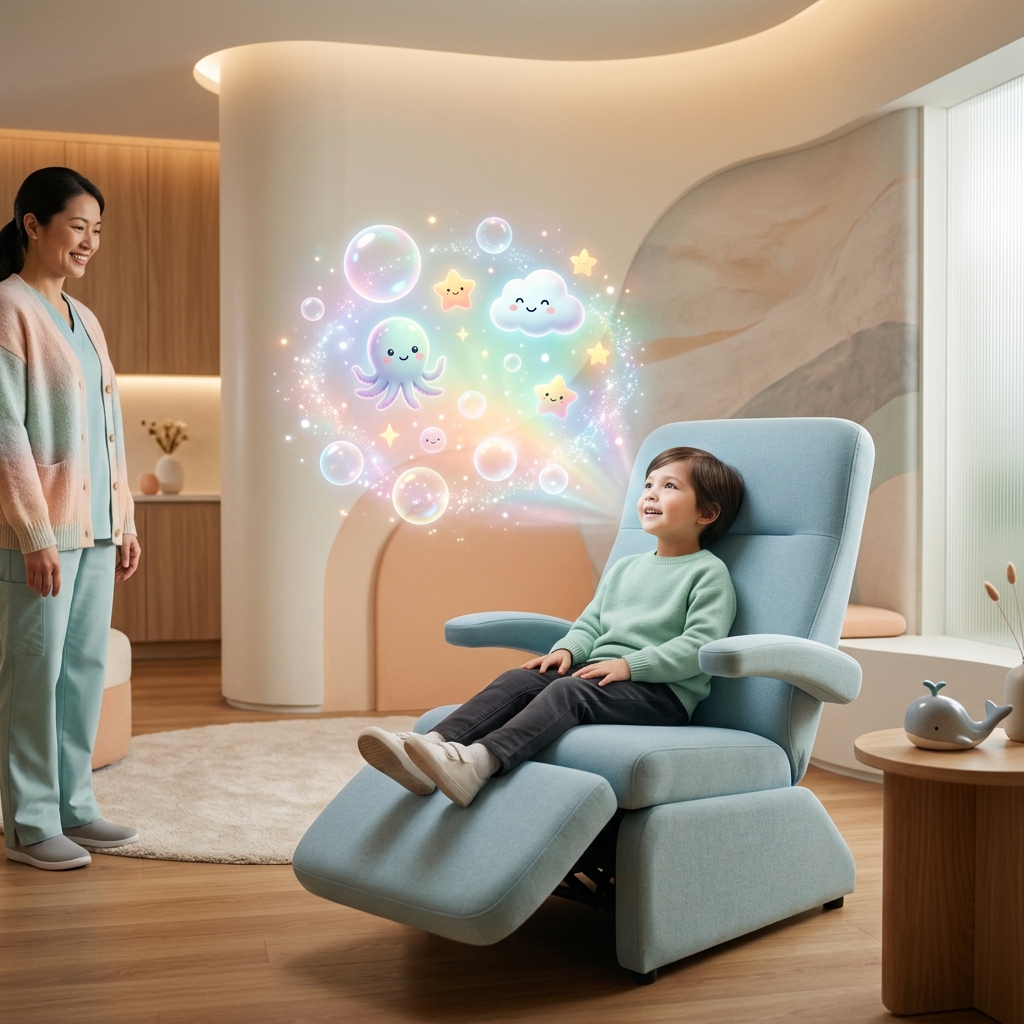 An abstract, premium, and welcoming pediatric care room with a child looking at a magical AR scene.