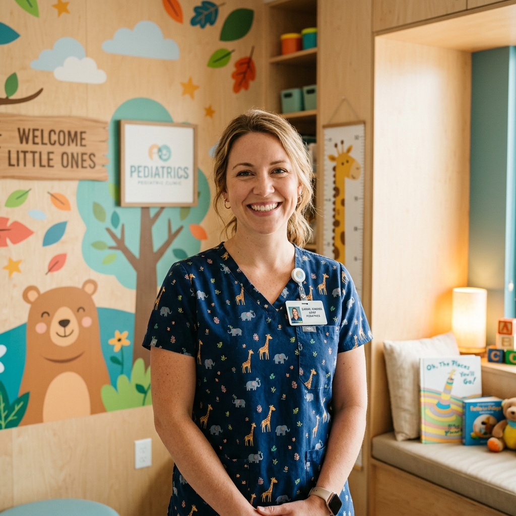 A pediatric clinician standing calmly in a welcoming healthcare clinic environment.
