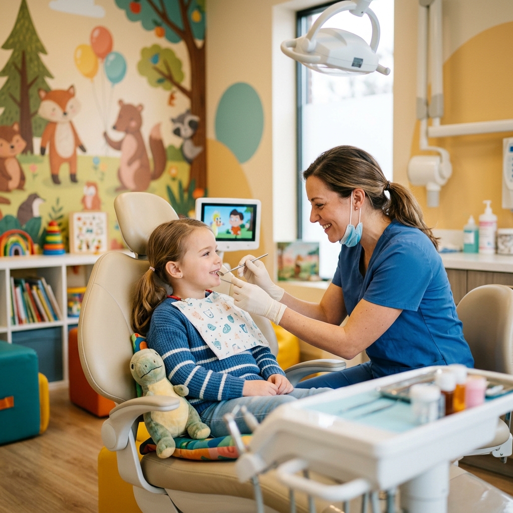 A calm, cooperative child in a modern, friendly pediatric dental office with a clinician.